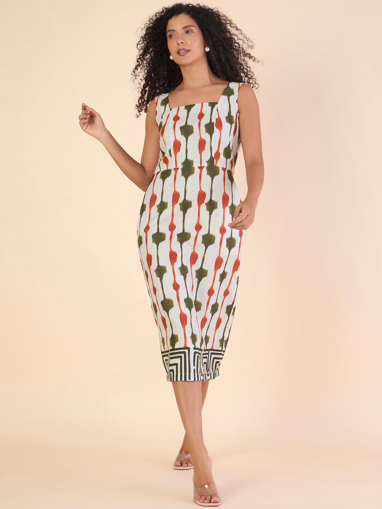 Women Classic Square Neck A-Line Printed Midi Length Dress