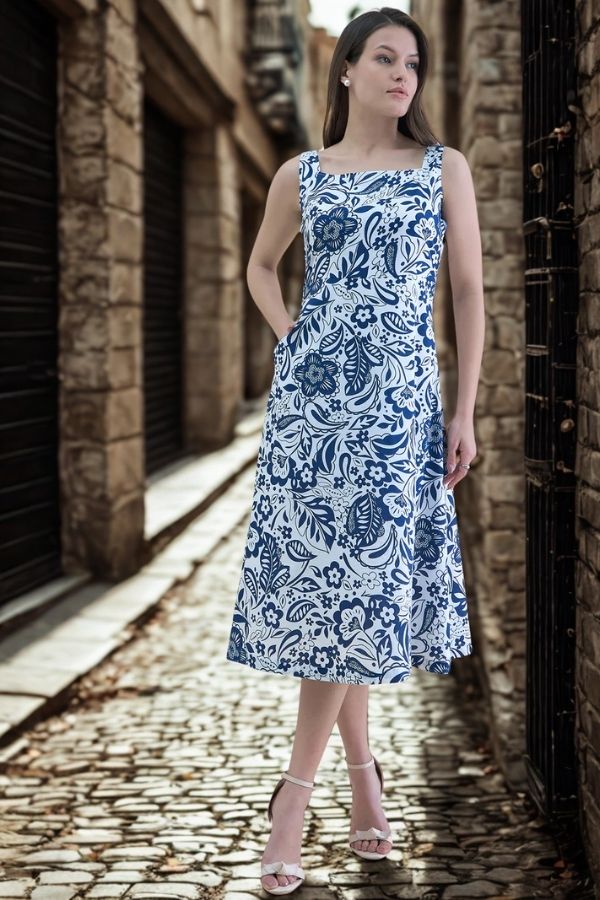 Women Blue-White floral printed square neck sleeveless fit & flare midi dress