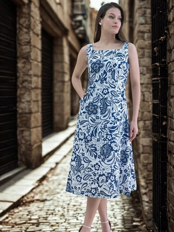 Women Blue-White floral printed square neck sleeveless fit & flare midi dress