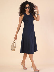 Women Tailored Halter Cotton-Linen Buttoned Stretchable A-line Navy Midi Dress