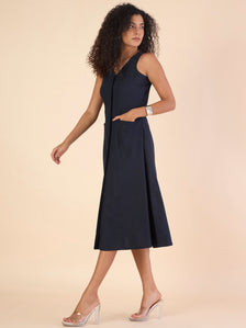 Women Tailored Halter Cotton-Linen Buttoned Stretchable A-line Navy Midi Dress