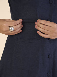 Women Tailored Halter Cotton-Linen Buttoned Stretchable A-line Navy Midi Dress