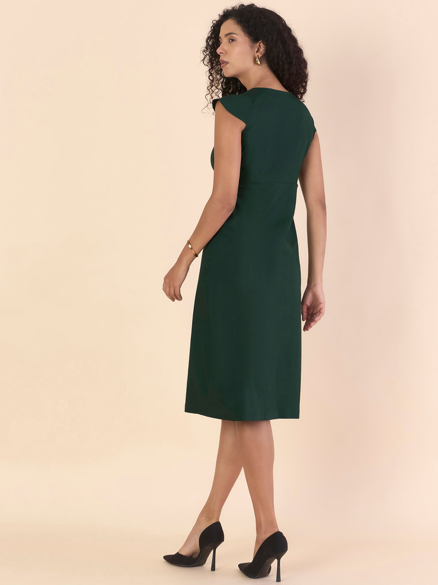 Night-Green Structured Sweetheart-Neck Midi Dress