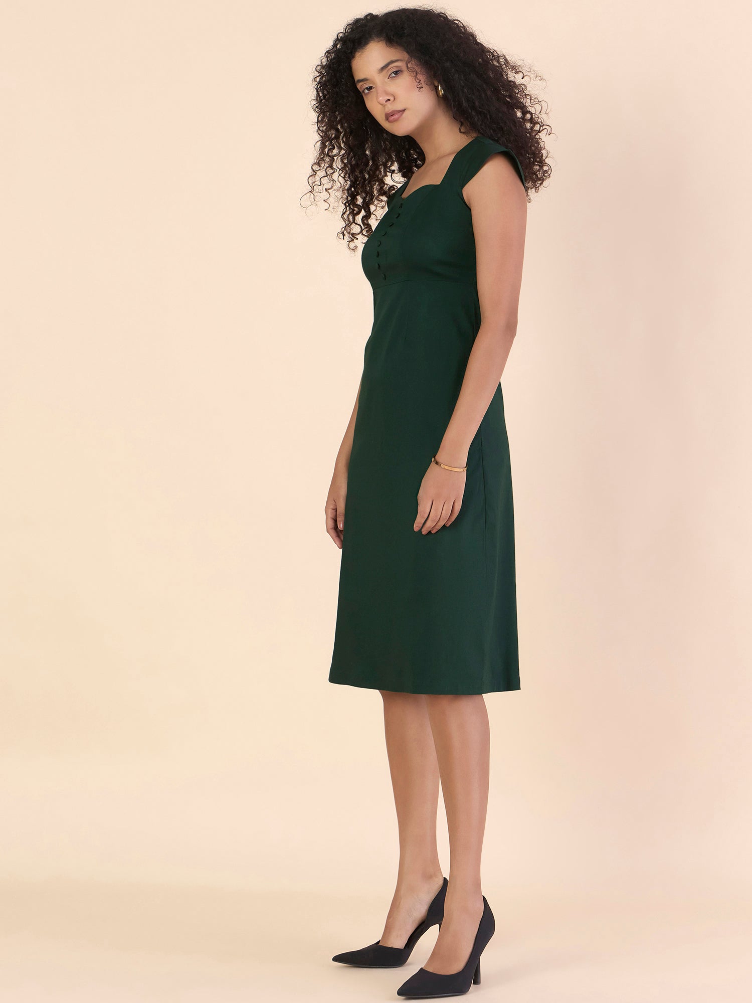 Night-Green Structured Sweetheart-Neck Midi Dress