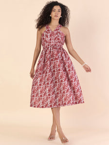 Chic vintage floral printed Elasticated midi dress With halter neck details