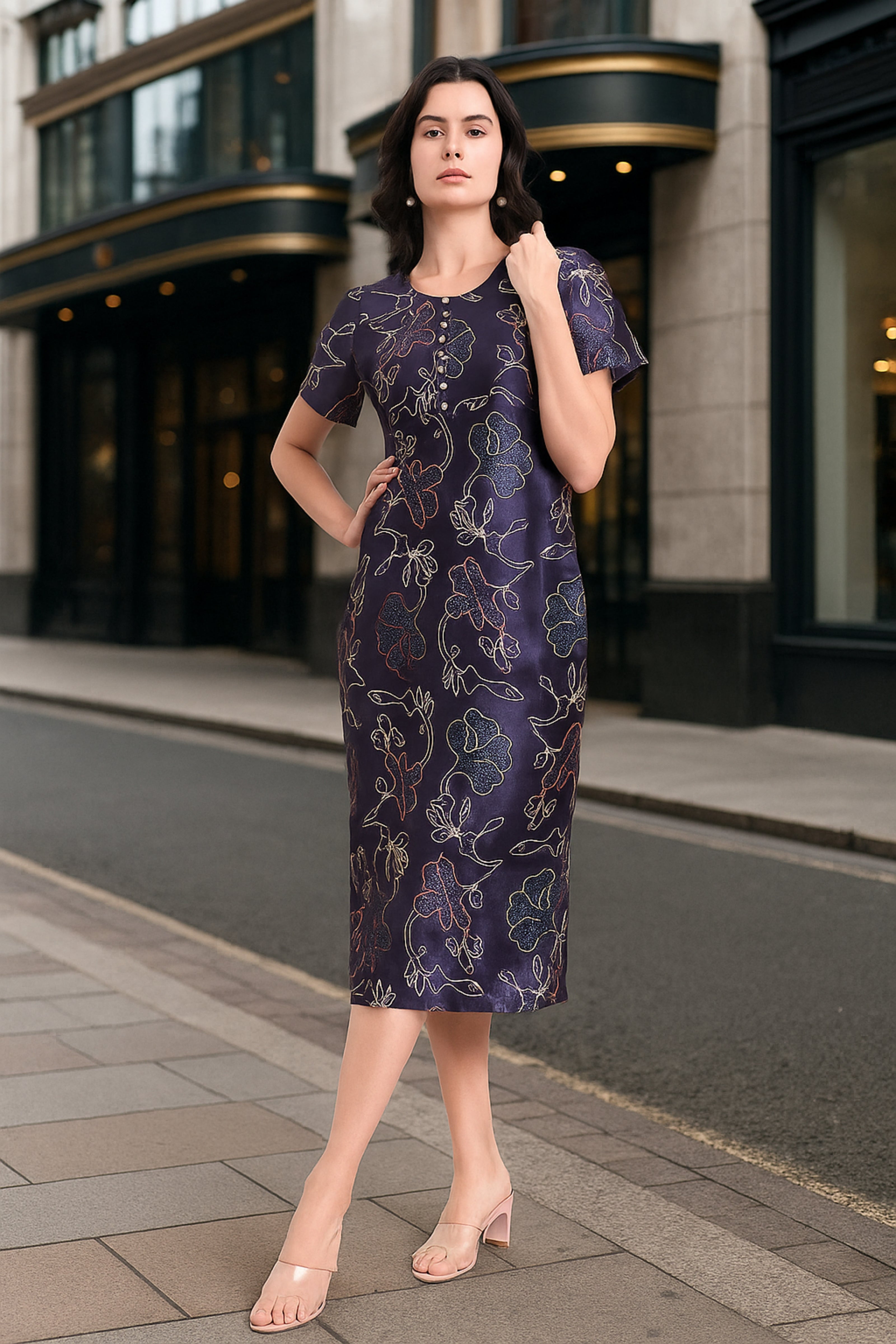 Blue Floral Round-Neck A-Line Maxi Dress With Side Zipper