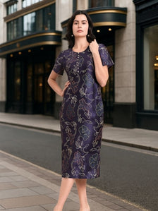 Blue Floral Round-Neck A-Line Maxi Dress With Side Zipper
