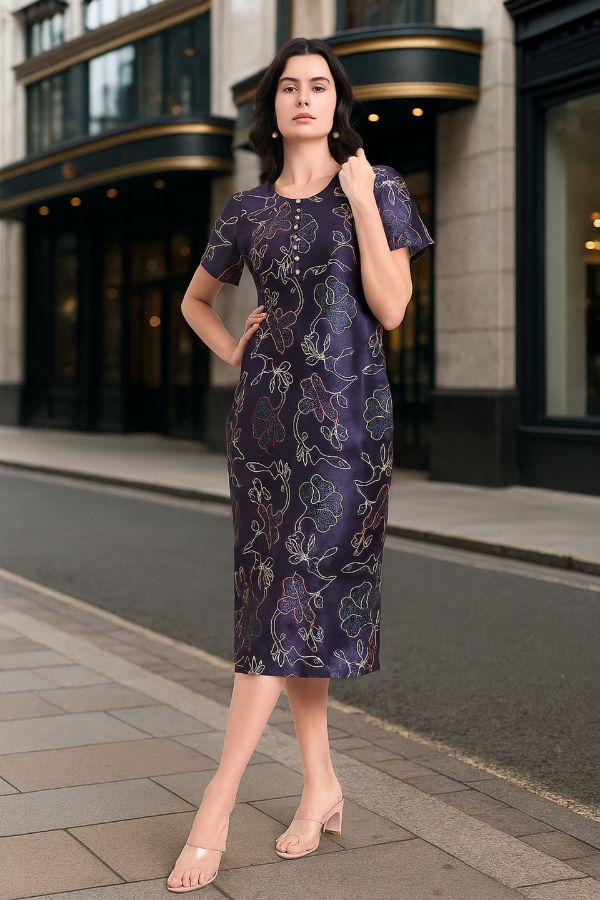 Blue Floral Round-Neck A-Line Maxi Dress With Side Zipper