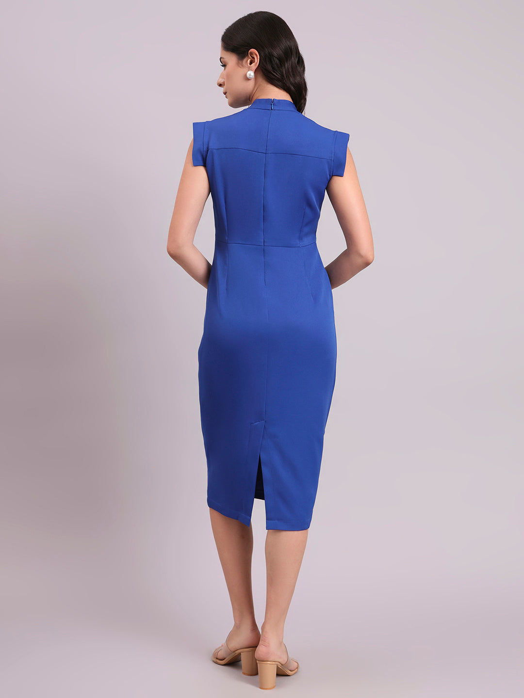 Sleeveless Ink- Blue Square-Neck Stretch Poly-Viscose Midi Dress