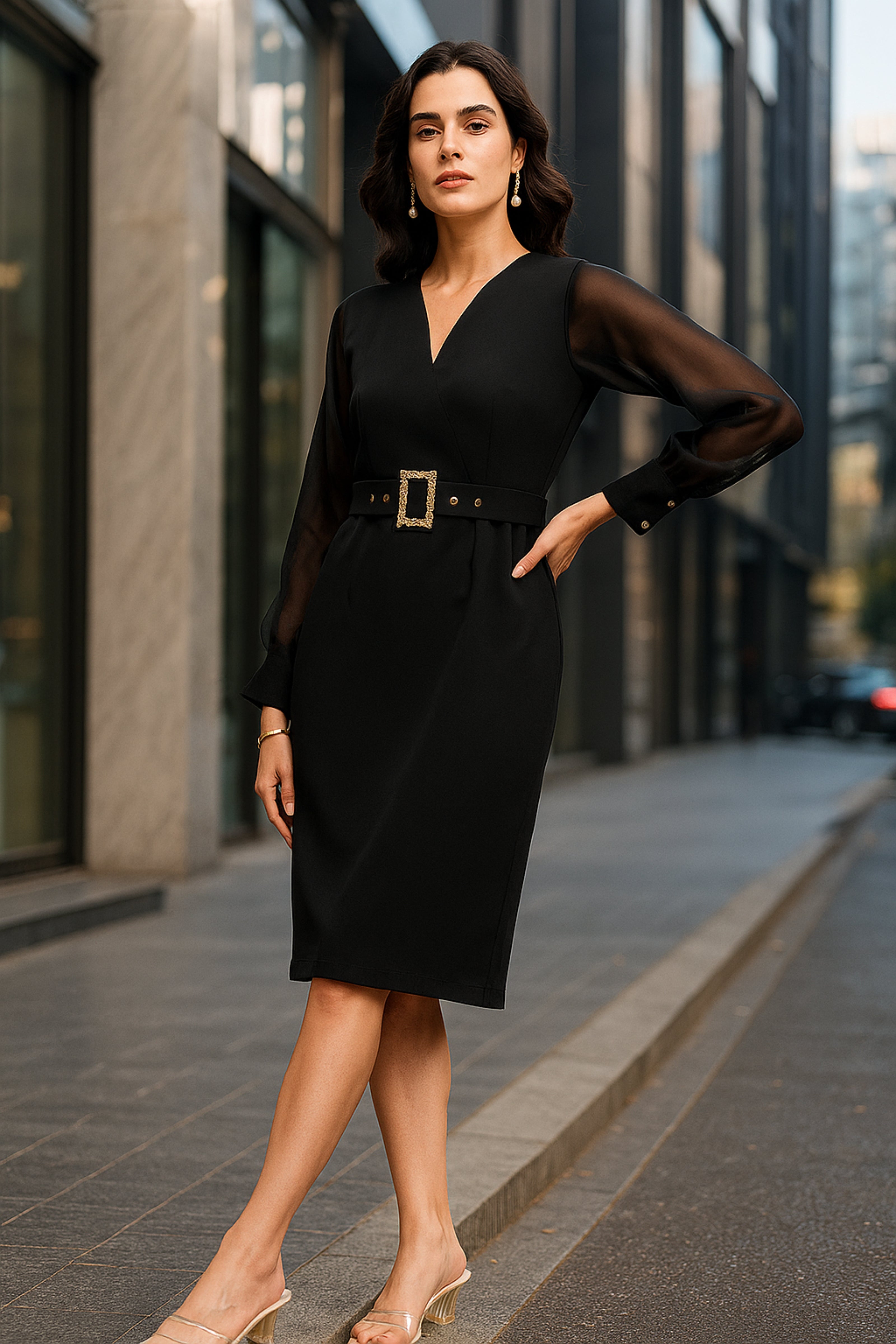 Black V-Neck Stretch Midi Dress With Sheer Sleeves And Fancy Belt