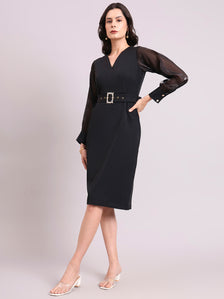 Black V-Neck Stretch Midi Dress With Sheer Sleeves And Fancy Belt