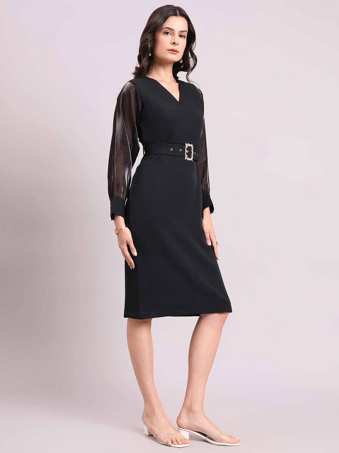 Black V-Neck Stretch Midi Dress With Sheer Sleeves And Fancy Belt