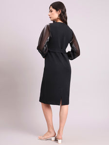 Black V-Neck Stretch Midi Dress With Sheer Sleeves And Fancy Belt