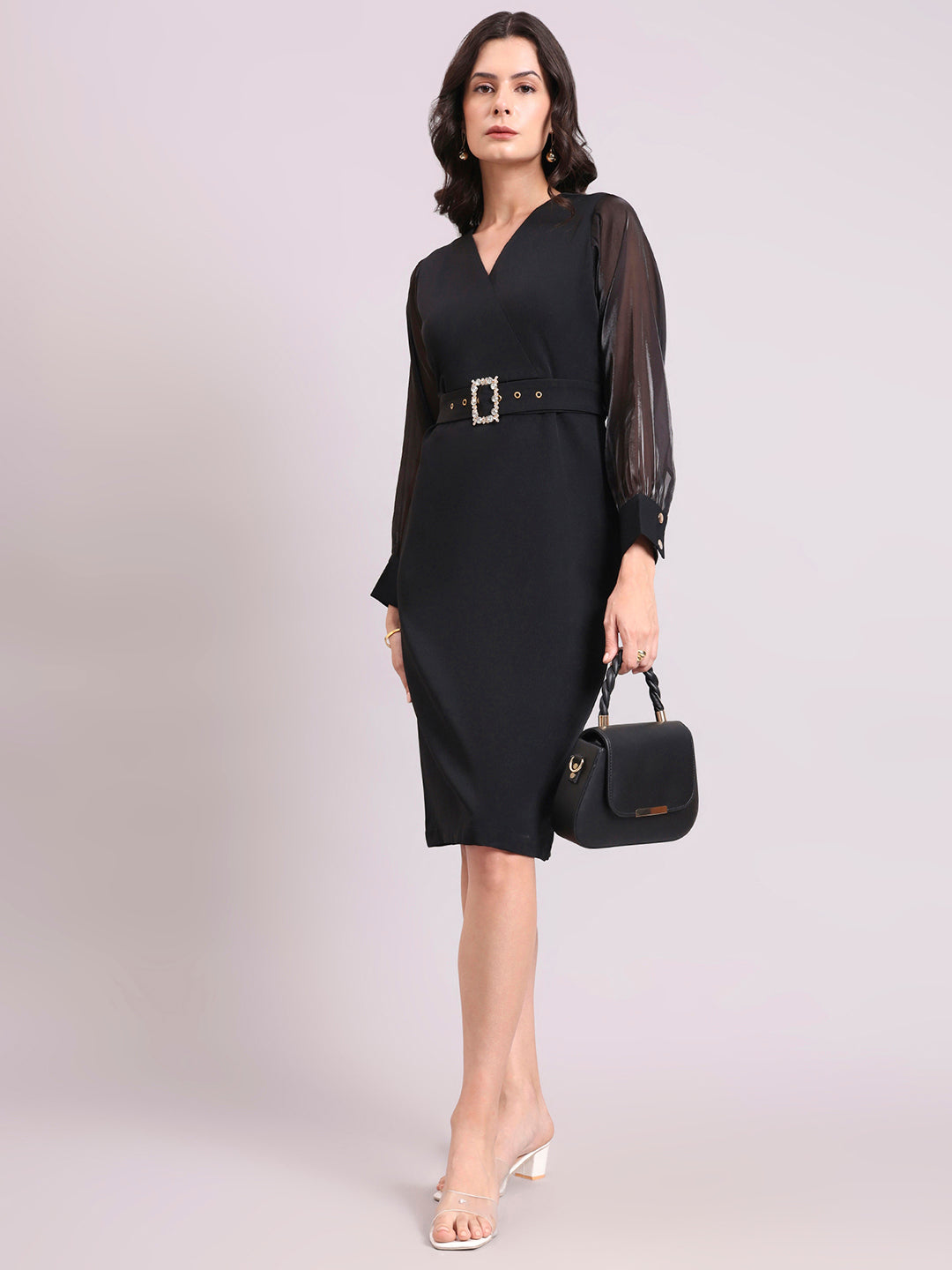 Black V-Neck Stretch Midi Dress With Sheer Sleeves And Fancy Belt