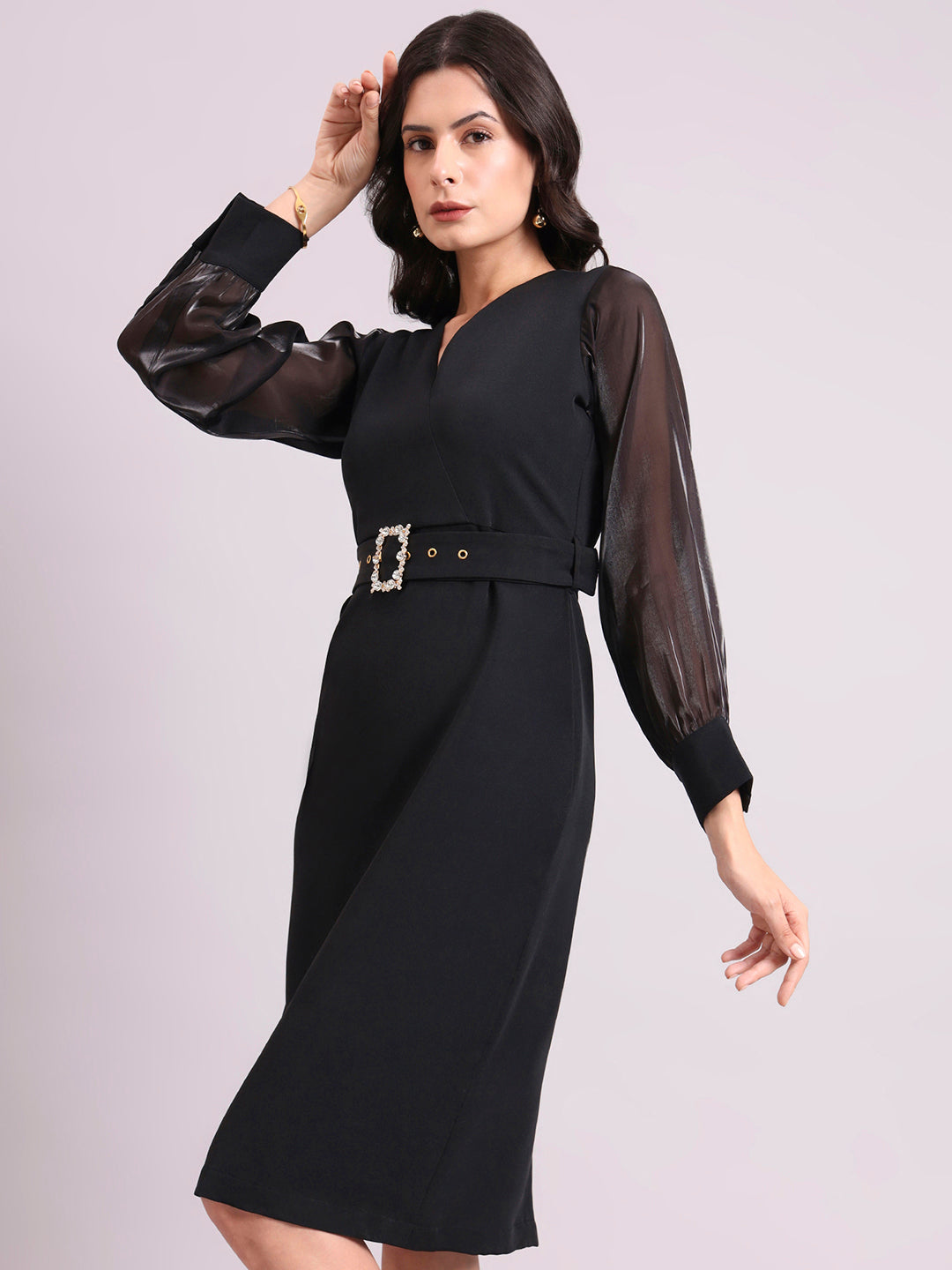 Black V-Neck Stretch Midi Dress With Sheer Sleeves And Fancy Belt
