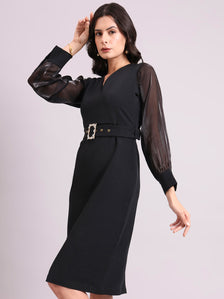 Black V-Neck Stretch Midi Dress With Sheer Sleeves And Fancy Belt