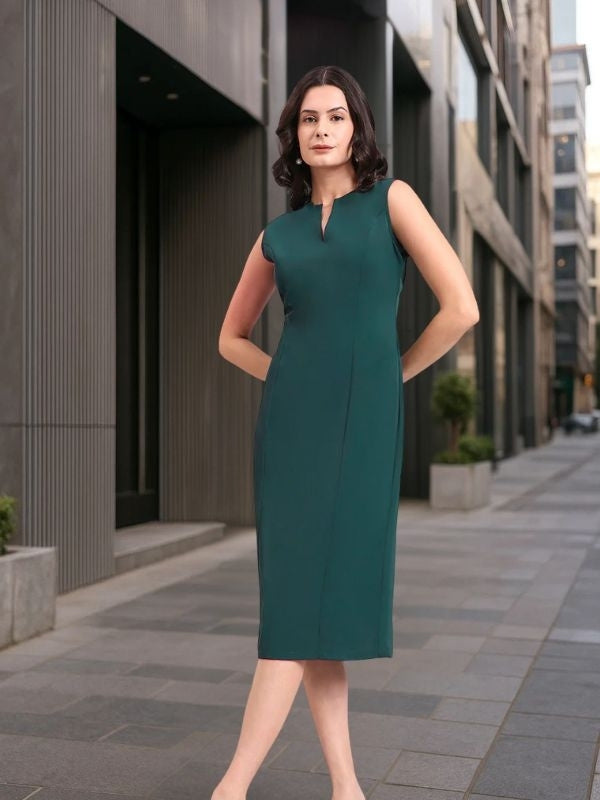 Dark Green Round V-Neck Princess Panel A-Line Stretch Midi Dress