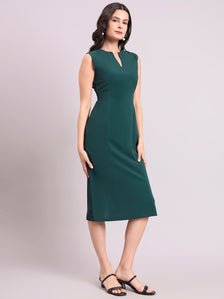 Dark Green Round V-Neck Princess Panel A-Line Stretch Midi Dress
