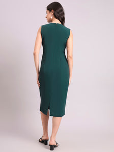 Dark Green Round V-Neck Princess Panel A-Line Stretch Midi Dress