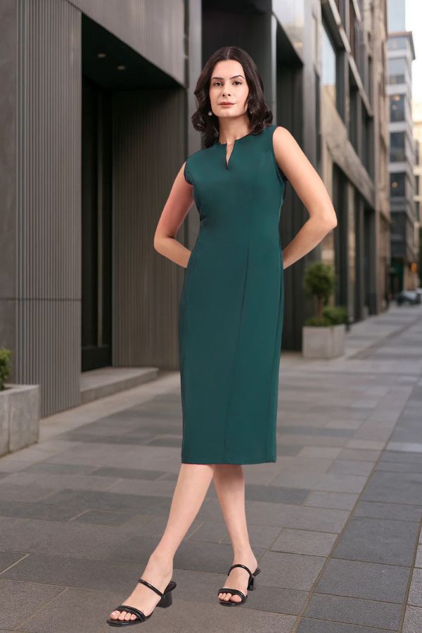 Dark Green Round V-Neck Princess Panel A-Line Stretch Midi Dress