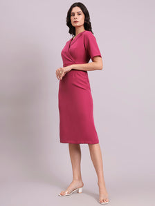 Hot Pink Notch V-Neck Stretch Midi Dress With Detachable Belt