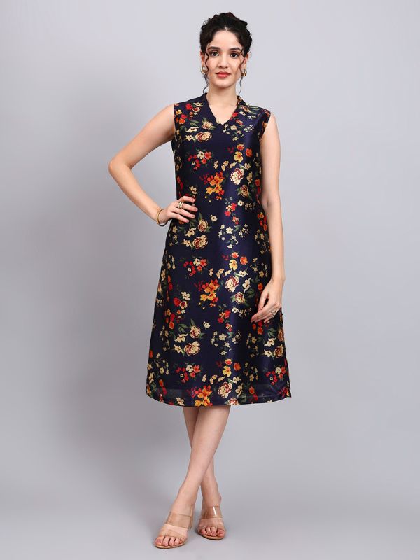 Midnight Blossom Sleeveless A-Line Dress