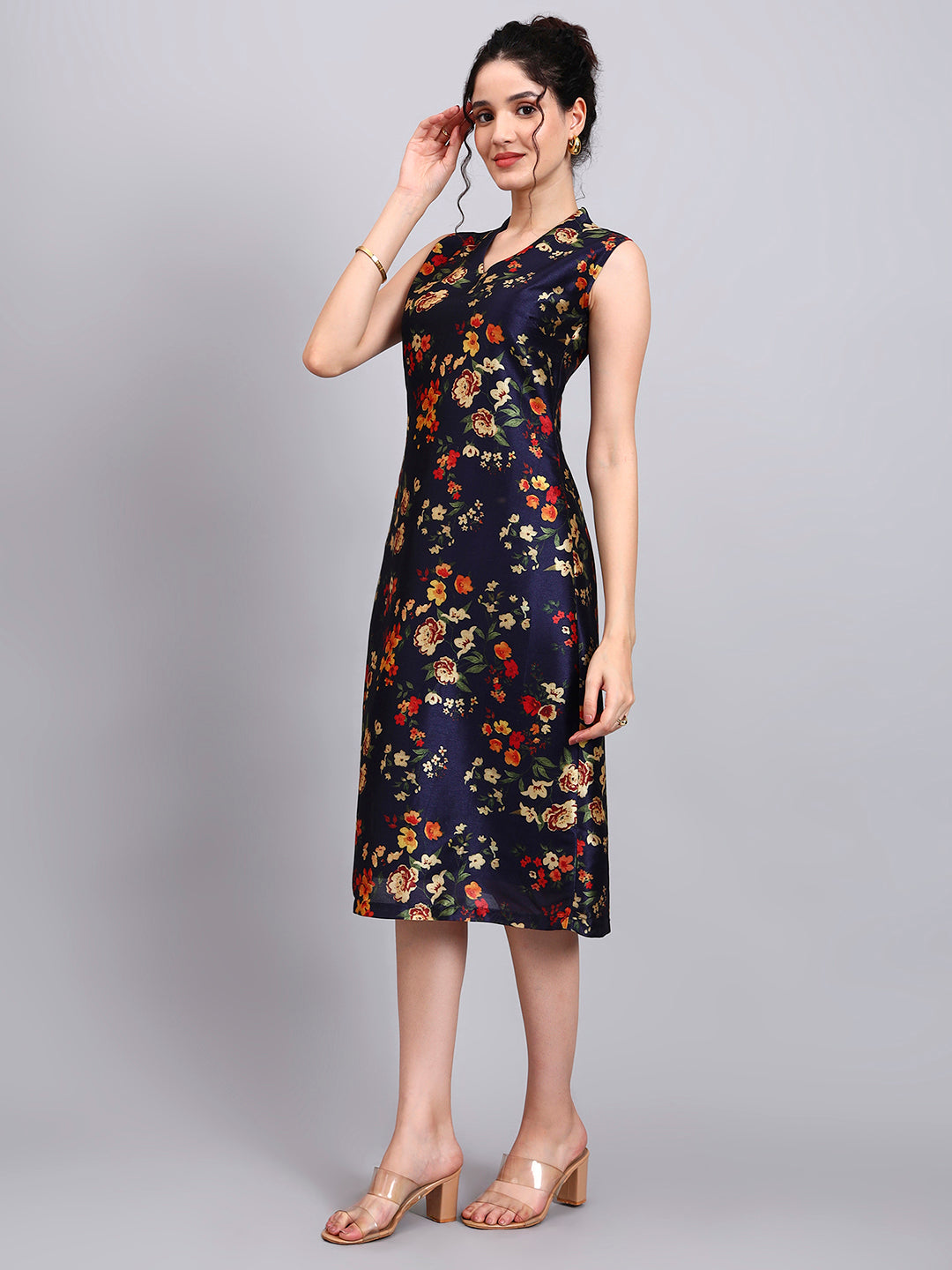 Midnight Blossom Sleeveless A-Line Dress