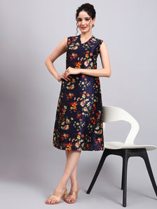 Midnight Blossom Sleeveless A-Line Dress