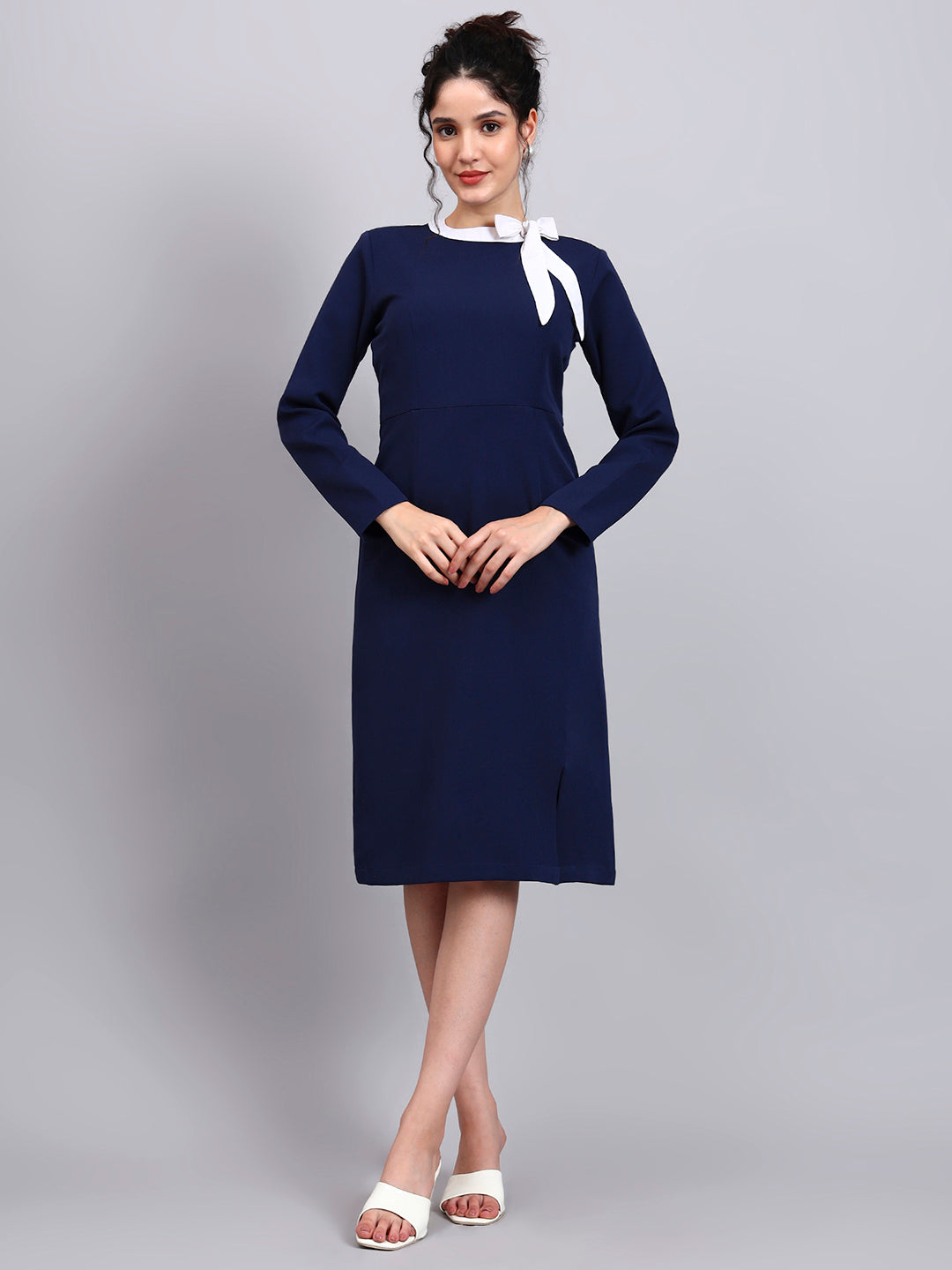 Elegant Navy Blue Dress with White Tie and Comfort Fit