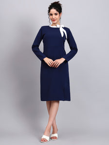 Elegant Navy Blue Dress with White Tie and Comfort Fit