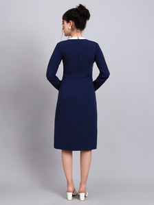 Elegant Navy Blue Dress with White Tie and Comfort Fit