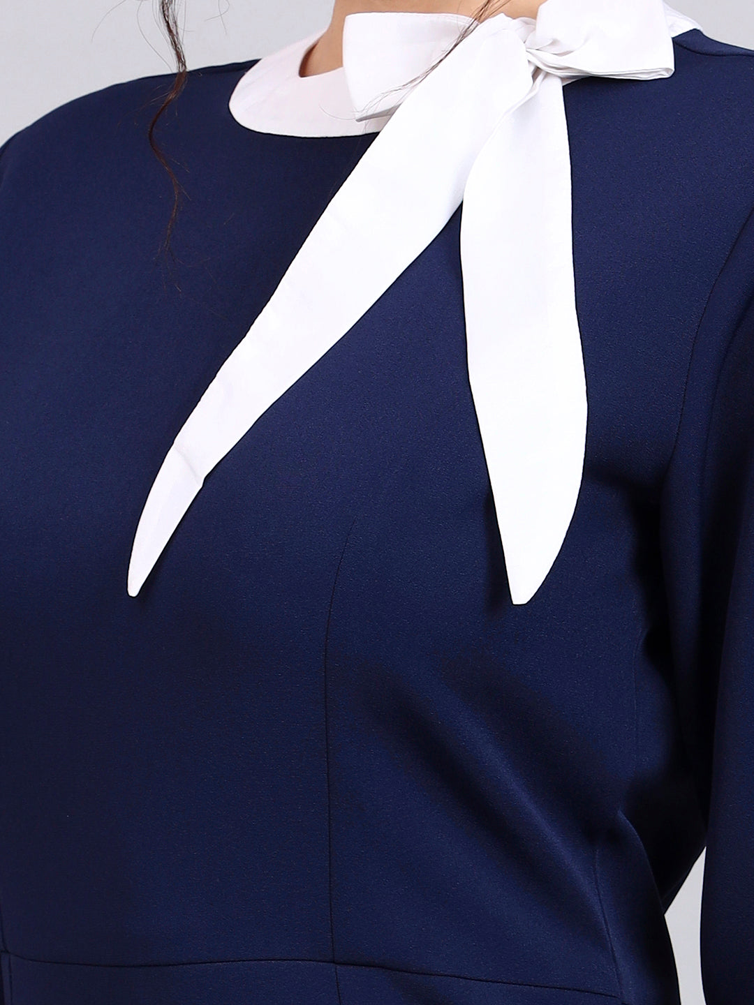 Elegant Navy Blue Dress with White Tie and Comfort Fit