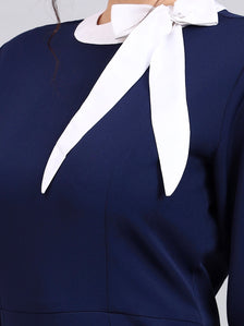 Elegant Navy Blue Dress with White Tie and Comfort Fit