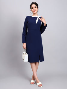 Elegant Navy Blue Dress with White Tie and Comfort Fit