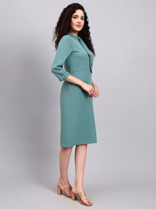 Comfortable Sage Green Pencil Dress with High Neck and Stretch Fabric