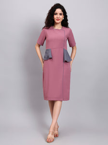 Structured Mauve Peplum Dress with Grey Contrast and Short Sleeves