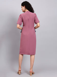 Structured Mauve Peplum Dress with Grey Contrast and Short Sleeves