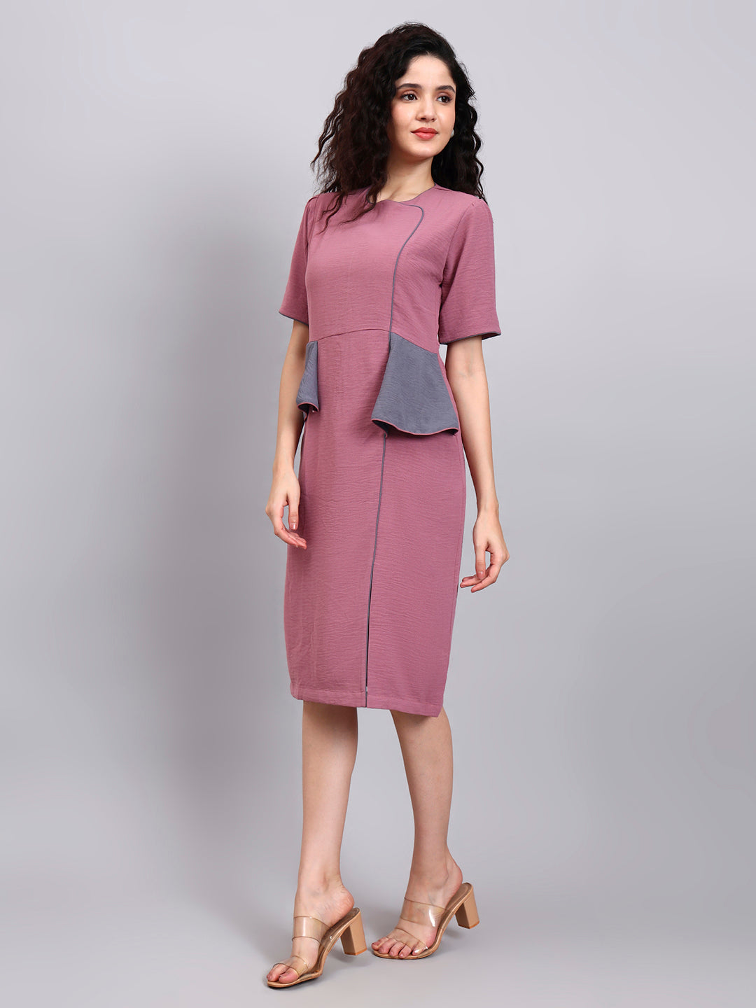 Structured Mauve Peplum Dress with Grey Contrast and Short Sleeves