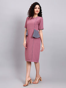 Structured Mauve Peplum Dress with Grey Contrast and Short Sleeves