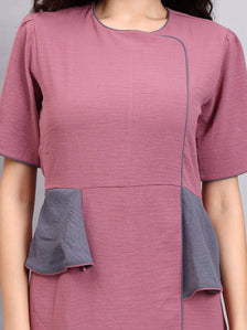 Structured Mauve Peplum Dress with Grey Contrast and Short Sleeves
