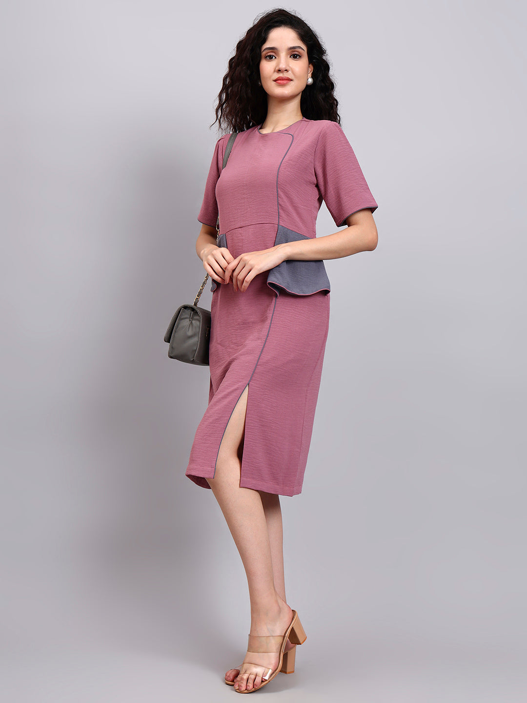 Structured Mauve Peplum Dress with Grey Contrast and Short Sleeves