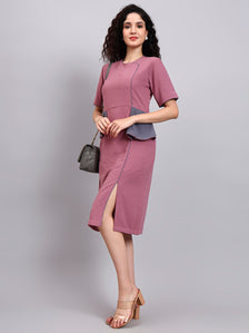 Structured Mauve Peplum Dress with Grey Contrast and Short Sleeves