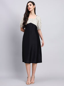 Vintage Floral Bodice Black Midi Dress