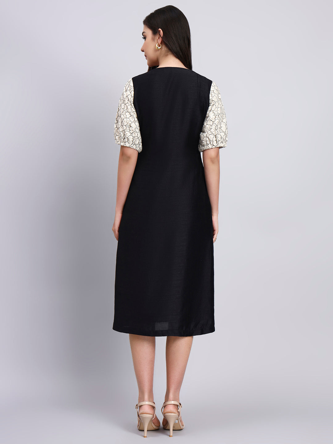 Vintage Floral Bodice Black Midi Dress