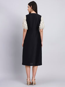 Vintage Floral Bodice Black Midi Dress