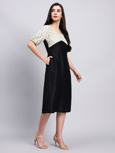 Vintage Floral Bodice Black Midi Dress