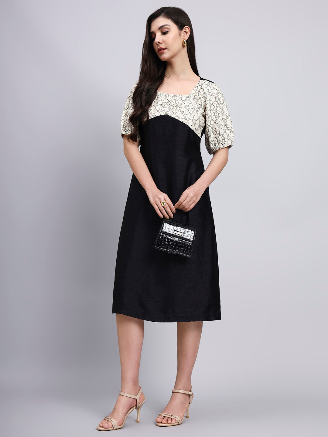 Vintage Floral Bodice Black Midi Dress