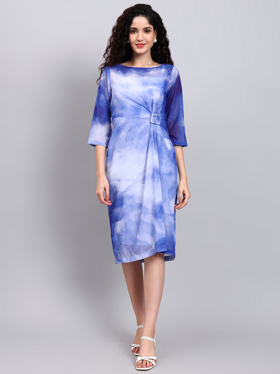 Blue Serenity Watercolor-Effect Drape Dress with Buckle Detail