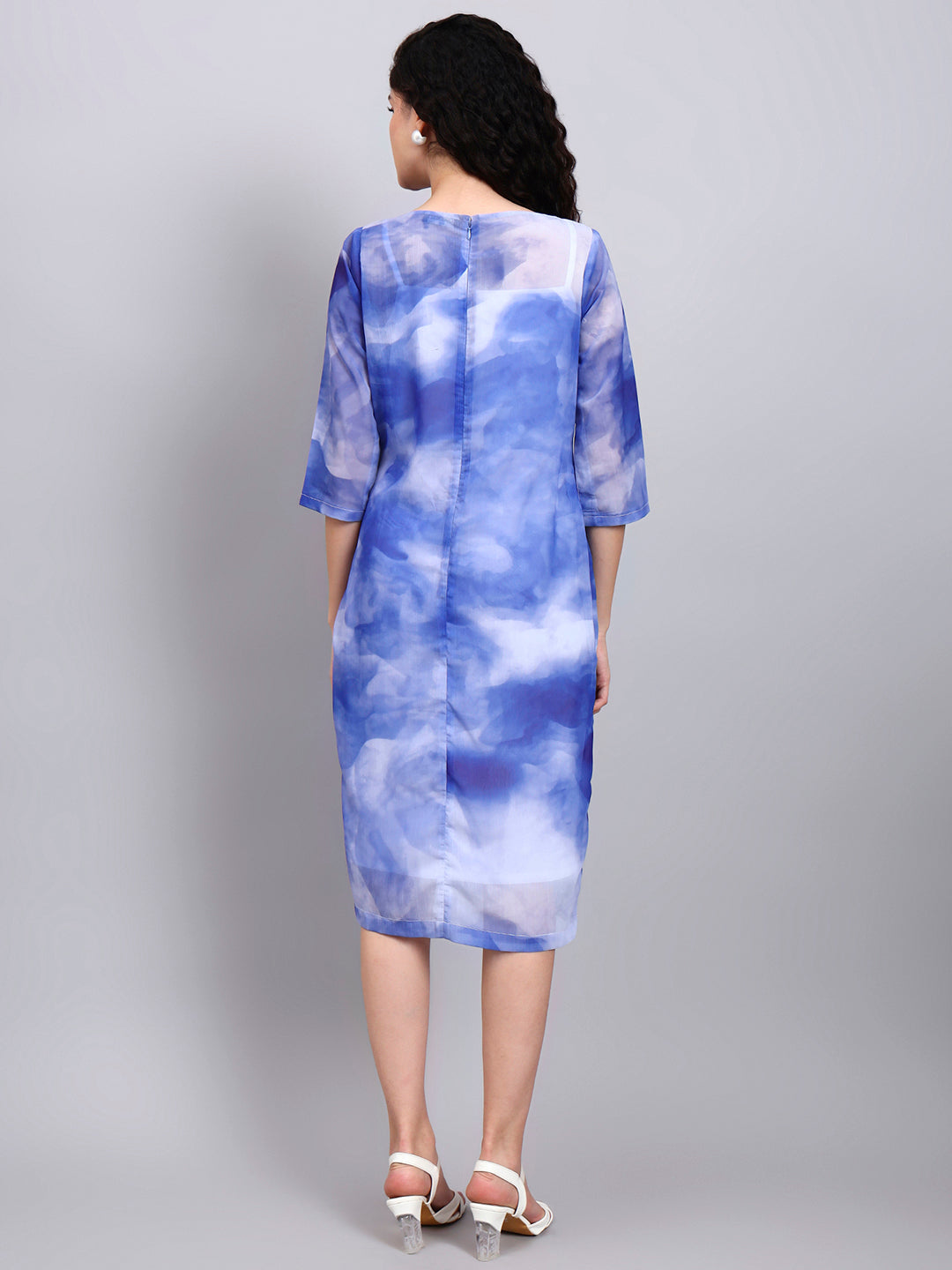 Blue Serenity Watercolor-Effect Drape Dress with Buckle Detail