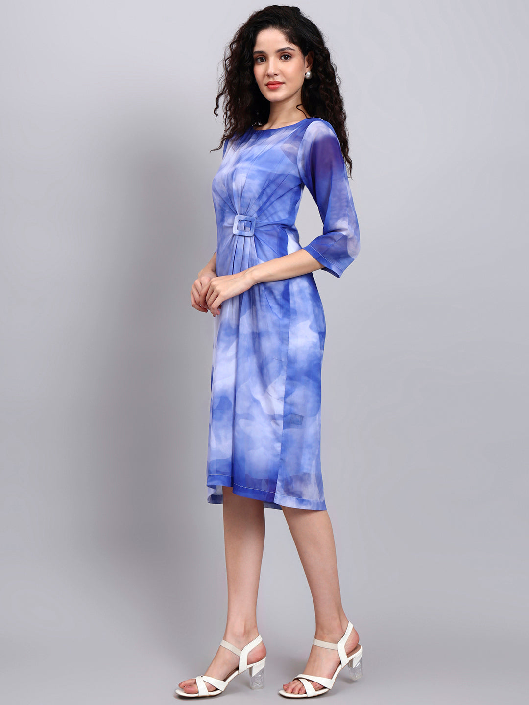 Blue Serenity Watercolor-Effect Drape Dress with Buckle Detail